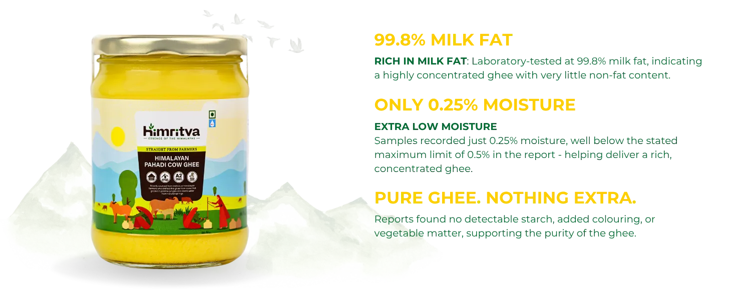 Himritva Himalayan Pahadi Cow Ghee with laboratory-tested 99.8% milk fat